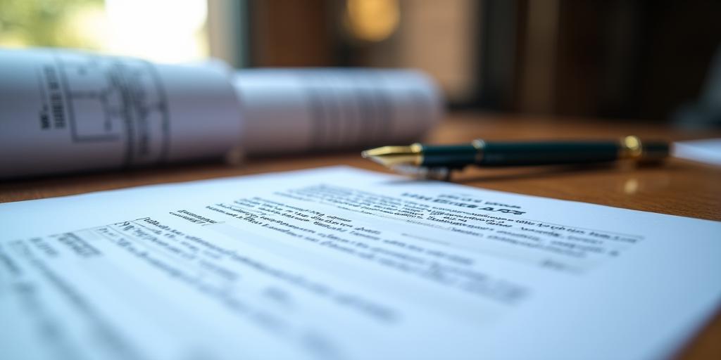 Close-up of a legal contract with a fountain pen and architectural blueprints